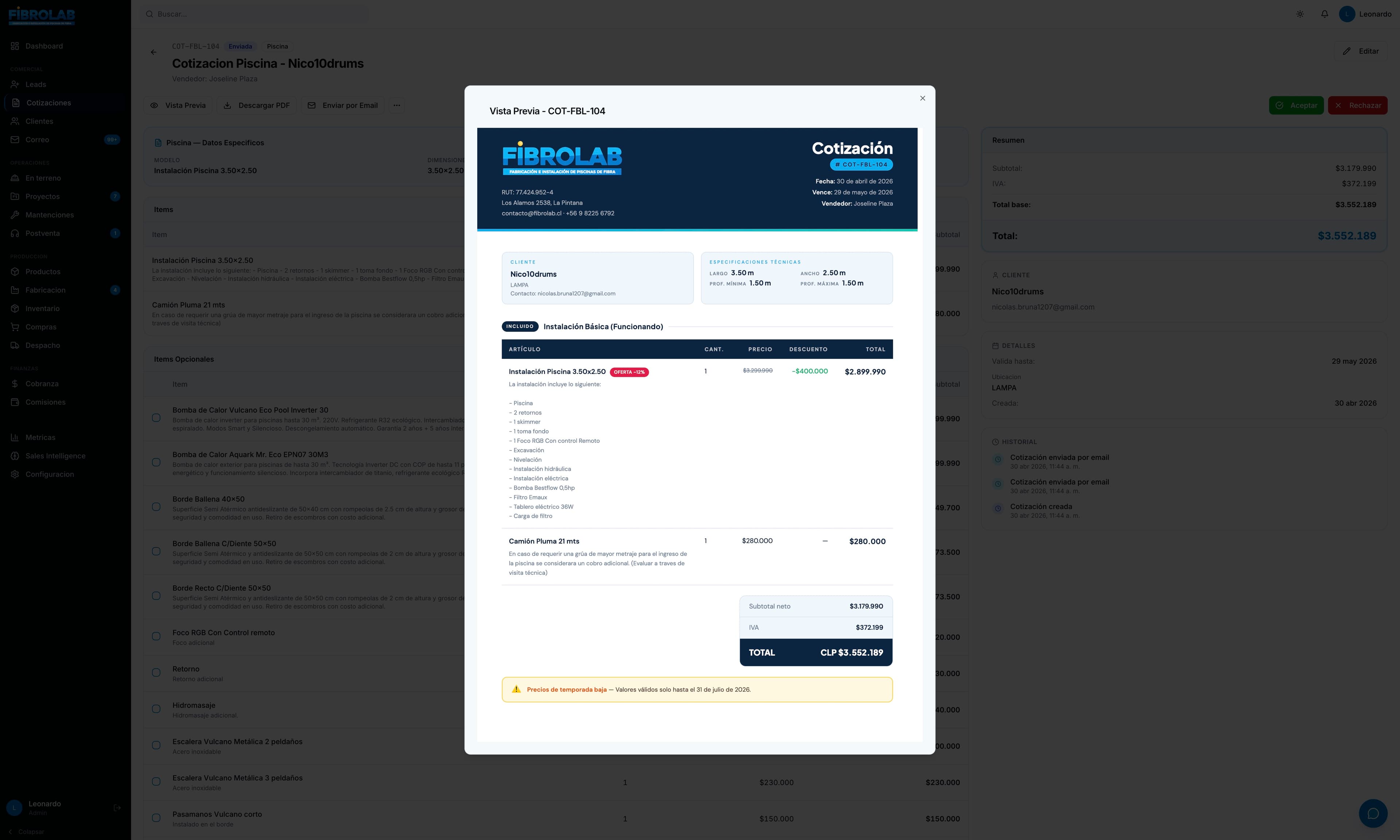 Editor de cotización con catálogo por tipo de servicio